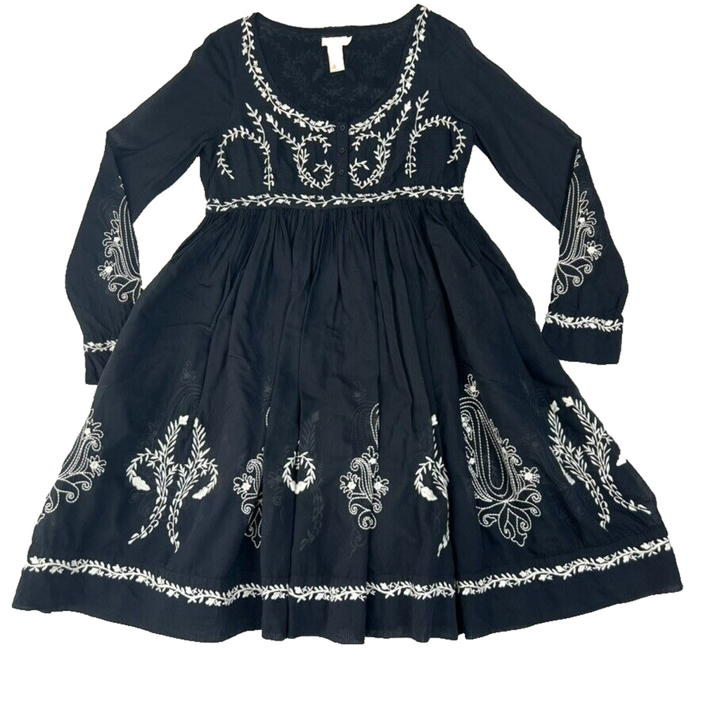 Collette Dress Womens Medium Black Embroidered Long Sleeve A-Line Cottage
